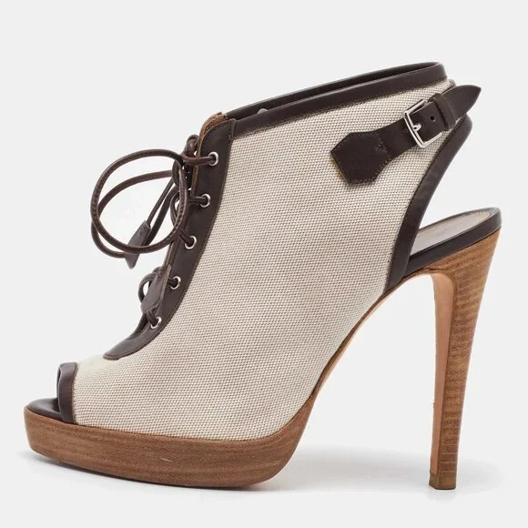 Hermes Off White/Brown Canvas and Leather Platform Booties Size 37 488-050125 - Picture 1 of 9